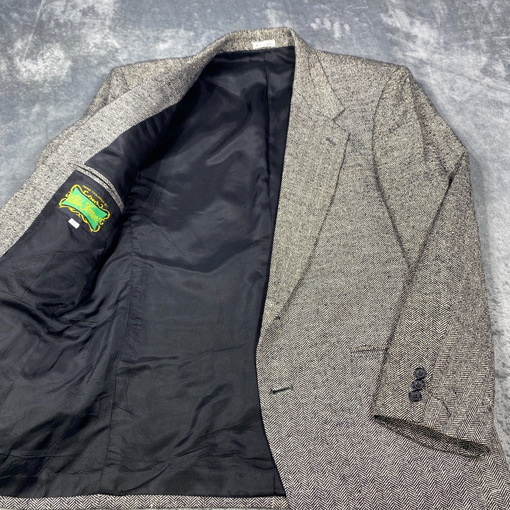 VINTAGE Silk Blazer Jacket Mens 40S Gray Herringbone Hand Tailored Sport Coat